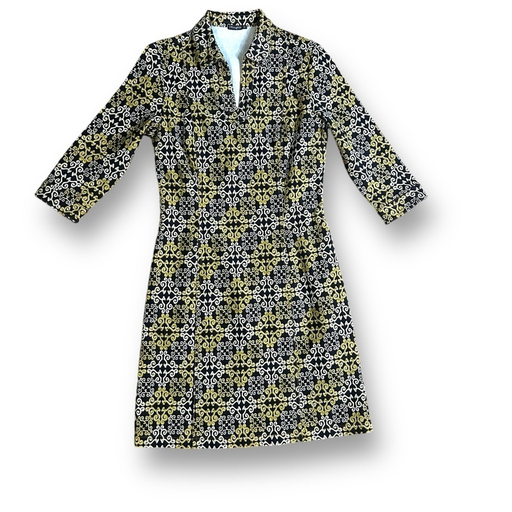 J.Mclaughlin canvas geometric heavy cotton Dress Yellow Black‎ collared Size XS